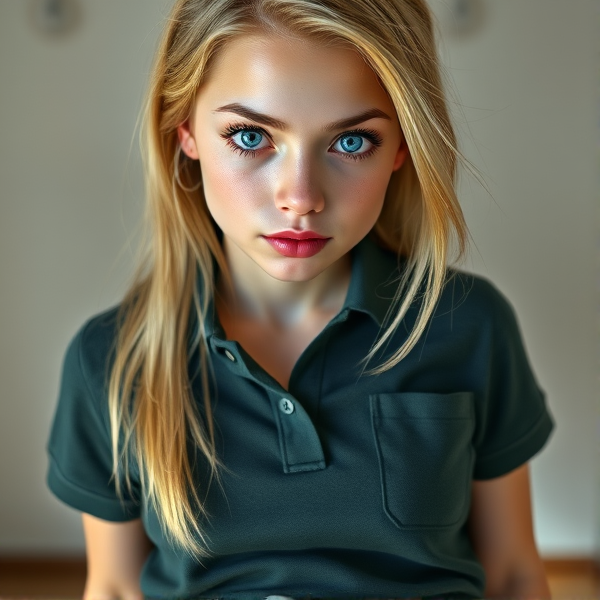 Realistic blonde teen, big blue eyes, a few light freckles, full front body view in dark green gray polo shirt with small white letters spelling "Ruttgers" in the corner by her breast, she is wearing a black mini skirt