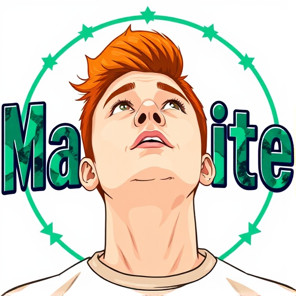 The word malachite colored with malachite with a ginger haired man in his late 20’s looking up at the word  malachite