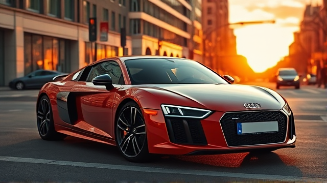 Audi R8 parked on a city street at sunset, sleek body reflecting the warm light, with clear details showing its iconic design and luxury features