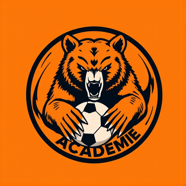 Conception d'un logo rond et percutant pour 'Tilt Académie', école de football. Au coeur du design, un ourson grizzly dessiné avec une précision extrême et un sens artistique raffiné, incarnant la puissance et la ténacité. Il est entouré par des éléments graphiques abstraits qui évoquent dynamisme et passion pour le football : des lignes fluides et rapides ainsi que des formes géométriques vibrantes et énergiques. La palette de couleurs est dominée par un orange vif et un noir intense, offrant un contraste frappant. Le design doit se démarquer en capturant l'essence du jeu compétitif avec l'ourson prêt à se lancer dans l'action. Il est focus mais pas méchante.Le nom 'Tilt Académie' s'intègre harmonieusement autour de l'élément central dans une police moderne et saisissante. Un ballon de football est intelligemment incorporé au logo afin d'en souligner l'appartenance au monde du football. L'esthétique générale doit allier tradition sportive à une touche innovante, rendant le logo idéal comme emblème d'un club sportif.Plus orange que de noire, logo de soccer.Seulement orange et noire