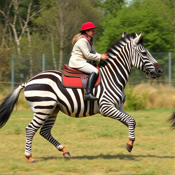cantering a zebra with rider and saddle on
