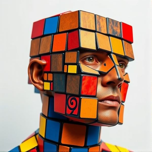 a man who is made out of rubix cube, all parts of his body is rubix cube