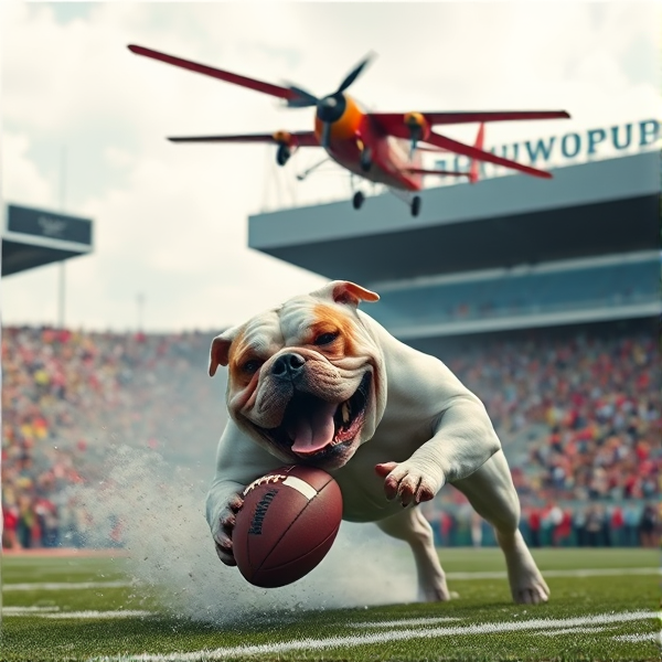 Bulldog humping a football with a crop duster flying over inside of a stadium