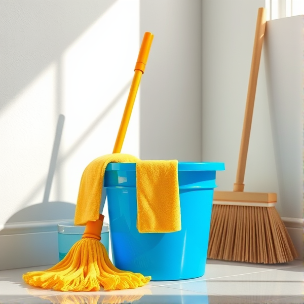A meticulously arranged cleaning corner in a brightly lit room, featuring a shiny blue bucket filled with crystal-clear water, a neatly folded yellow mop resting beside it, a stiff-bristled scrub brush, and an upright broom with clean, natural straw bristles set against the wall. Soft shadows accentuate the textures of each object and the clean, tiled floor reflects the ambient light