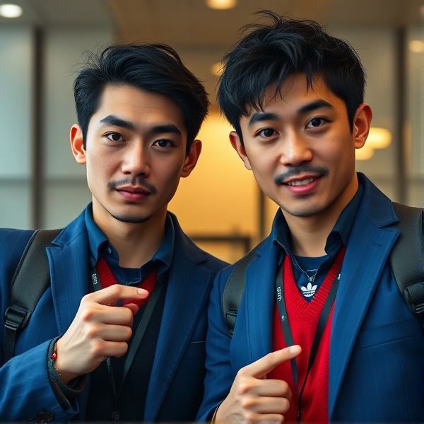 Deux hommes d'affaires japonais puissants accroupis, portant des casquettes Adidas bleu ou rouge et des cravates rayées longues  bleue ou rouge et des oreillettes Apple  Leurs visages affichent un regard fâché et hypnotique et furieux  pointing , regard dominant, sourcils levés, envoûtant
Ils sont complices et conquérants , ils dominent 
 , accroupis pas trop