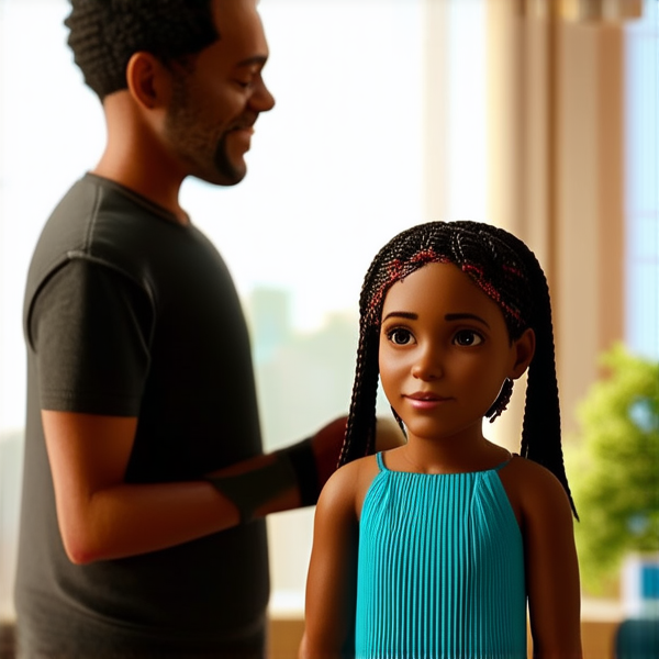 jolie petite fille noire de 8ans en robe avec des tresses africaines avec son pere et sa mere à la maison