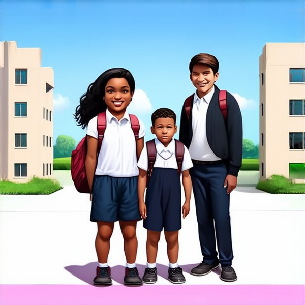 bâtiment d'une école primaire  avec enfants noirs africains en uniforme scolaire chemise blanche et pantalons bleu marine avec des cartables