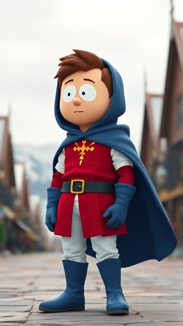 Clyde Donovan from South Park, light skin and brown hair, but as a 14-Year Old, dressed as a medieval prince with a red shirt with white sleeves, a black belt with a gold buckle, white pants, blue boots, blue long-cuffed gloves, and wreathed in a big blue hooded cape, now known as Prince Donovan. Despite still being a kid, he is the Youngest Ruler of South Park, Colorado, but now reborn as the real life Kingdom of Kupa Keep, Zaron, and Prince Donovan is its youngest and greatest hero. The young teenage prince of Kupa Keep is currently standing on stage in the city streets of the small mountain town that still exists in the kingdom, giving a touching speech to his loyal subjects.
