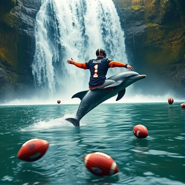 Jamar chase  jersey number 1 from the bengals riding a dolphin at a waterfall chasing footballs