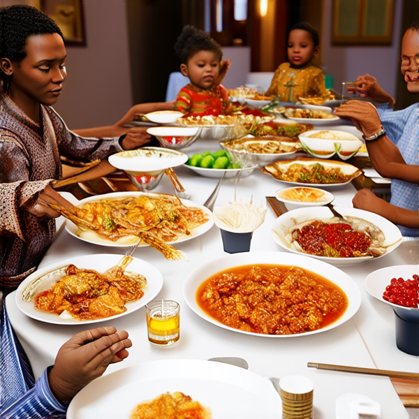 Repas de famille afro-américaine traditionnel, réunis autour d'une grande table avec des plats faits maison typiques