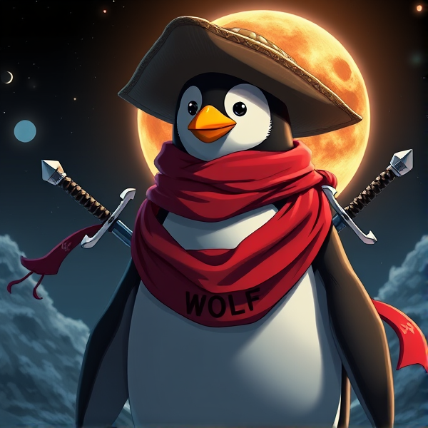 Pingouin maitre de l'éclipse lunaire et avec un écharpe rouge autours du cou et avec deux épées dans le dos et avec une tenue de pirate et avec écris WOLF sur l'écharpe et avec le chapeaux de paille
