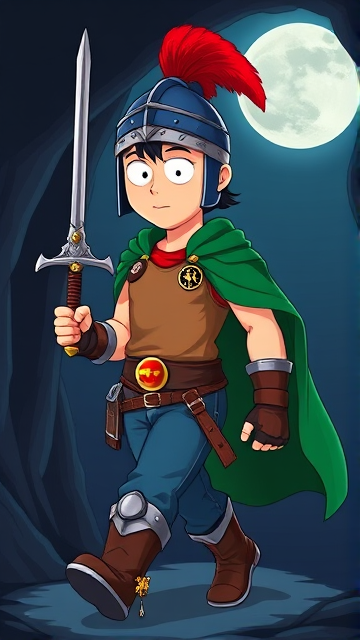Stan Marsh from South Park, light skin and black hair, but as a 14-Year Old teenager with an extremely muscular torso, dressed as a medieval knighted warrior with a light brown tank top, a black belt with a red buckle adorned with a castle emblem, with a few pouches and the scabbard for his sword attached to it, blue jeans, steel armored boots, jeweled wrist cuffs, a big green cape, and a blue helmet with one silhouetted buffalo head emblem on both sides, outlined by silver steel rims lined around and across the top, with a long red feather sticking out at the top, now known as Sir Marsh. Despite still being a teenage kid, he is the Youngest Commander of the Zaronian Army, and one of the youngest and greatest heroes hailing from South Park, Colorado, but now reborn as the real life Kingdom of Kupa Keep, Zaron. His weapon is the legendary enchanted sword called the Slashing Blade Of The Ranger, which he swings with pride as he slashes his enemies down to size. He is currently walking through a dark cavern, on a quest to find a mysterious enchanted artifact.