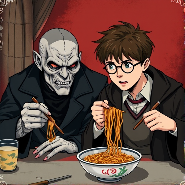 Voldemort and Harry Potter eating ramen