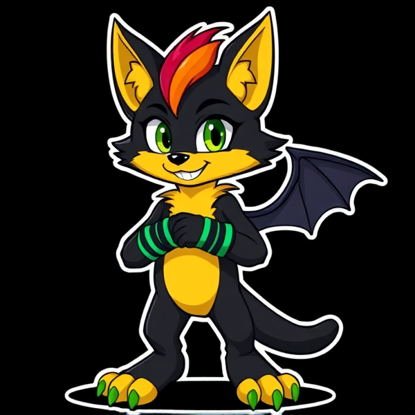 Unique fursona cat dog fox wolf dragon hybrid black and yellow furry with scenecore fingerless gloves  and rainbow hair tuft, brightly coloured bracelets over the hands. Green paw pads full body artwork reference cartoony styled furry full body showing silly scenecore lil guy :3 standing on two legs with outline with black and green striped fingerless brightly colored gloves with tiny black dragon wings.