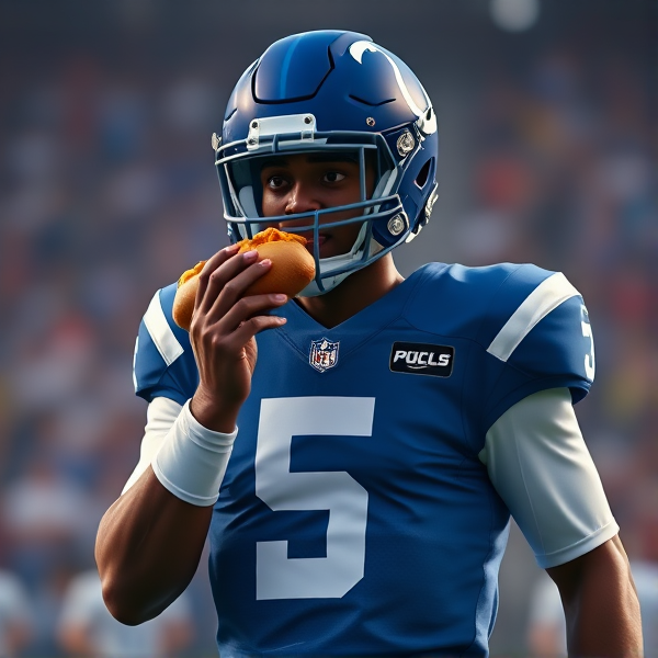 Black quarterback number 5 for Indianapolis colts eating corndog and throwing dice