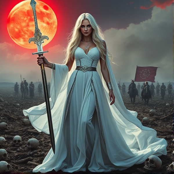 Rene Russo as Lady Death, majestic and imposing, draped in an ethereal white gown edged with silver, her face striking yet ethereal with piercing blue eyes and long flowing platinum hair that cascades down her shoulders like liquid metal, standing amidst a desolate battlefield, a gleaming sword in hand reflecting the light of a blood-red sun, skulls and bones scattered at her feet, a shimmering aura of power radiates from her form, commanding the spirits of the fallen as they swirl around her in spectral forms