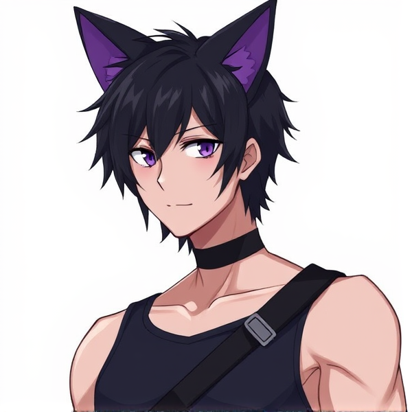 My hero academia oc. Black hair. Purple eyes. Male. Black cat ears with purple insides. Sleeveless tank top. Black collar strap.