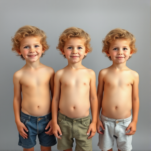 3 different 9 year old boy with only a fake penis on. Skinny. Dirty blonde. Short hair. Curly hair. Happy. Standing