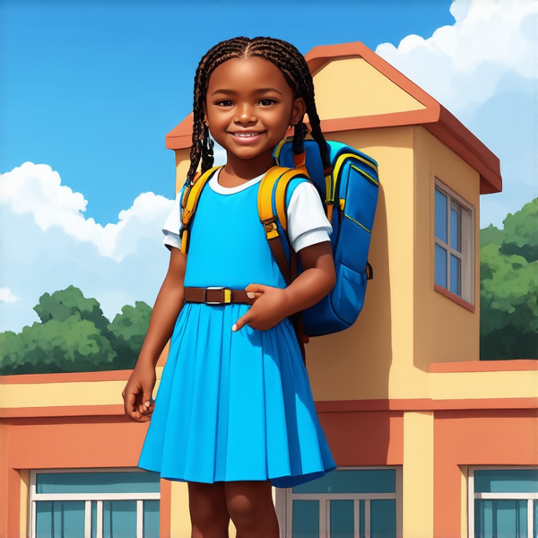 Jeune fille africaine de 8 ans habillée en robe bleue portant des tresses africaines élaborées et un sourire joyeux, debout fièrement avec un cartable coloré sur le dos devant une école primaire, sous un ciel bleu clair d'après-midi.