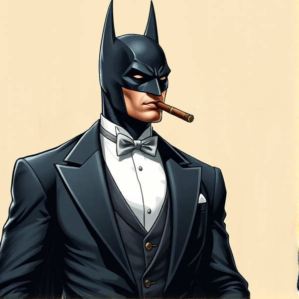 Batman wearing a tuxedo, while smoking a cigar