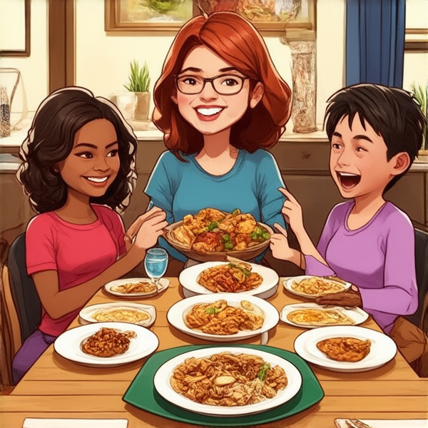 Repas familial africain joyeux, avec des rires et échanges chaleureux autour d'une vaste table en bois garnie d'une riche variété de plats traditionnels 'soul food'. Plusieurs générations de la famille sont présentes, savourant ce moment de partage dans une salle à manger lumineuse et festive, spécialement décorée pour l'occasion