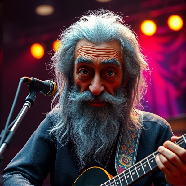 Create a highly detailed 3D rendering of an aged Chicago blues singer with long, unkempt gray hair and a long beard, muscles. On stage with Michael Jackson, superman and Elton john. Marg Simpson on drums