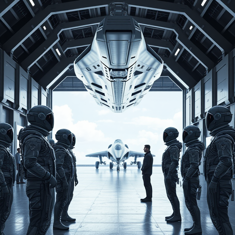 several photorealistic futuristic men and women, wearing reflective space suits with no helmets, their faces are hyper-detailed and realistic. They stand in a vast hall with a wide open entrance. The people are talking to eachother with giant spacecraft arranged in a row in the hangar. A vast alien ship floats in the sky outside the hangar, sleek,