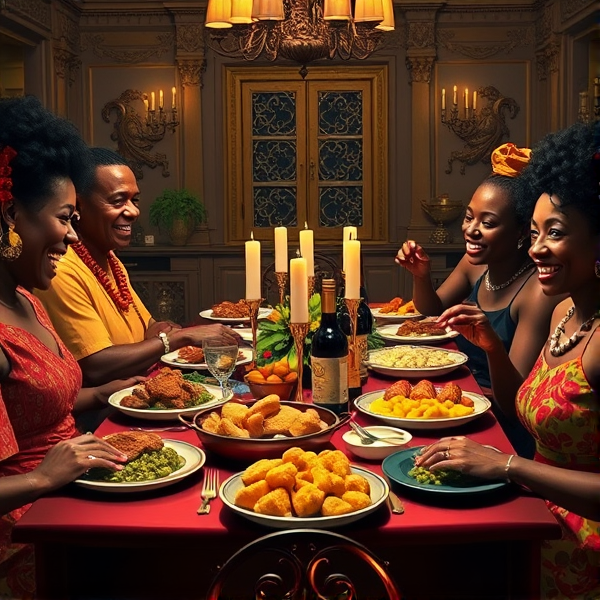 A lively African American family gathering around a richly adorned dinner table, sharing a traditional soul food meal with dishes such as fried chicken, collard greens, macaroni and cheese, cornbread, and sweet potato pie, all set in a warm and inviting dining room filled with laughter and storytelling