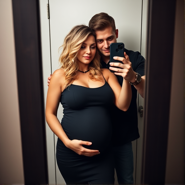 30 week pregnant woman with curly blonde hair. Wearing a tight black dress and posing with her husband for a mirror selfie