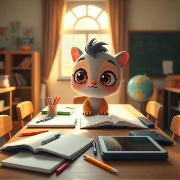 table en bois éclairée par la lumière naturelle de la fenêtre, couverte de fournitures scolaires comme des cahiers ouverts, des stylos, des crayons, une trousse, un globe terrestre et une tablette , dans une salle de classe calme