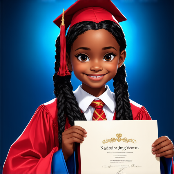 jeune fille noire de huit ans avec des tresses africaines traditionnelles, habillée élégamment pour une cérémonie de remise de diplôme, tenant son certificat, souriante et fière