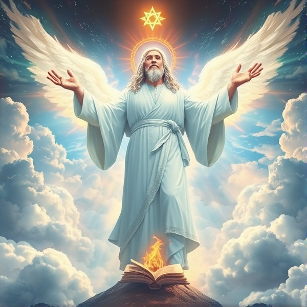Majestic and transcendent depiction of the God of Abraham as a powerful figure shrouded in ethereal light, with traditional Abrahamic symbols like the Star of David, a burning bush, and ancient scripture, set against a backdrop of heavenly clouds and divine radiance. This image should evoke a sense of awe and reverence, capturing the spiritual essence associated with the deity in Abrahamic religions.