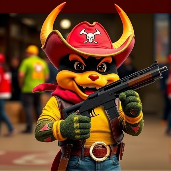 Buc’ees mascot holding a Gun