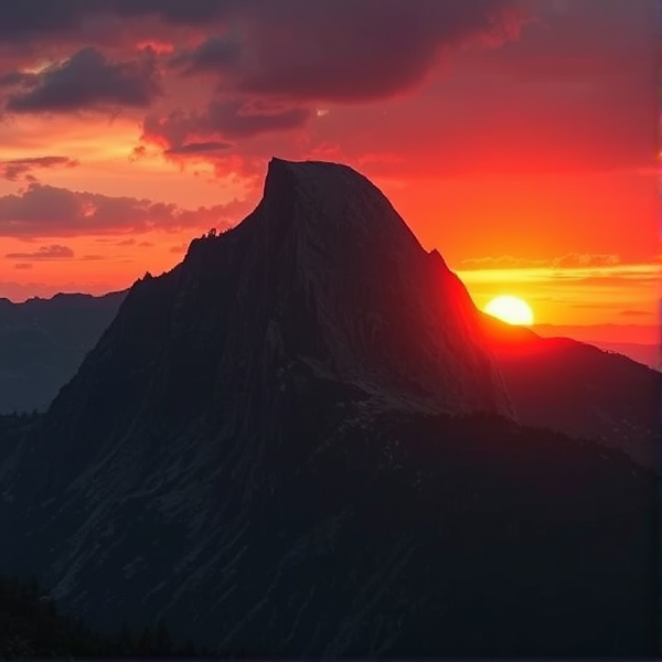 Dark fantasy a big mountain over looking a sunseto