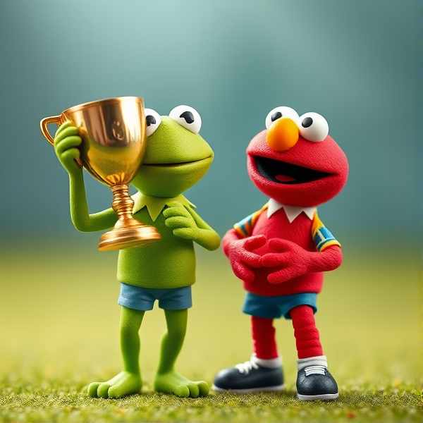 Kermit the Frog winning soccer trophy while Elmo gets second place