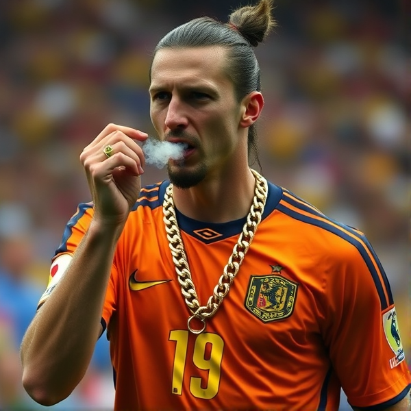 Zlatan Ibrahimovic agressive gold chain smoke ring blood soccer world cup sweeden