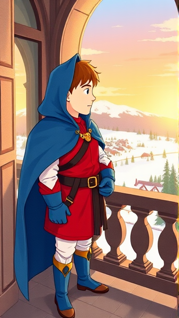 Clyde Donovan from South Park, light skin and brown hair, but as a 14-Year Old, dressed as a medieval prince with a red shirt with white sleeves, a black belt with a gold buckle, white pants, blue boots, blue long-cuffed gloves, and wreathed in a really big, heel-length long, ultra-wide blue hooded cape, now known as Prince Donovan. Despite still being a kid, he is the Youngest Ruler of South Park, Colorado, but now reborn as the real life Kingdom of Kupa Keep, Zaron, and Prince Donovan is its youngest and greatest hero. The young teenage prince of Kupa Keep is currently standing on his bedroom balcony in his new home of Kupa Keep Castle, looking out to the horizon and happily admiring the amazing view of his newfound kingdom that was once the small mountain town he knew before.