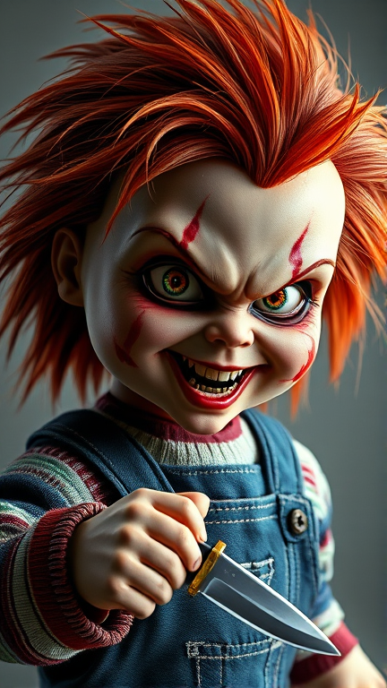 Chucky, la poupée emblématique de film d'horreur avec des cheveux roux désordonnés, des cicatrices détaillées et marquantes sur le visage, des yeux injectés de sang exprimant une fureur intense, vêtu de vêtements déchirés et sales tenant fermement un couteau bien aiguisé avec un effet réaliste. La tête doit avoir une expression menaçante et un air sinistre