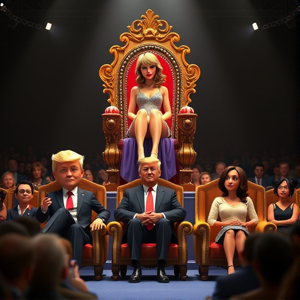 Taylor Swift, surrounded by a worshipful crowd, sits on a highly decorated throne high above Donald Trump and Kamala Harris, who both sit on cheap chairs and are glaring at each other.   This is at a voting event.