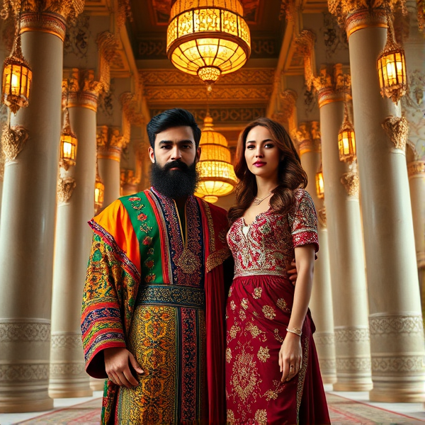 Un jeune homme méditerranéen élégant, arborant une barbe dense soigneusement taillée, est vêtu d'un costume traditionnel éclatant avec un kaléidoscope de couleurs et des embellissements sophistiqués. Il pose fièrement à côté d'une femme arabe aux traits délicats, les cheveux châtains ondulés reposant gracieusement sur ses épaules. Sa silhouette svelte est magnifiée par une robe traditionnelle pailletée qui épouse et exalte ses formes généreuses. Ils sont debout dans un palais arabe somptueux, entourés de colonnes massives et sous des plafonds vertigineux richement décorés de motifs islamiques complexes et de luminaires dorés. La lumière tamisée émane de lanternes finement ouvragées suspendues en hauteur, créant des jeux d'ombres subtils sur les murs incrustés de pierres précieuses qui scintillent dans l'éclat doré ambiant. Des tapis persans luxueux ornés de dessins raffinés couvrent le sol, ajoutant à la grandeur majestueuse du cadre.
