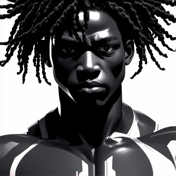 un guerrier noir adolescent avec beaucoup de cheveux  avec une musculature sculpté mais un peu mince avec une allure de super héro africain et un regard sérieux et profond