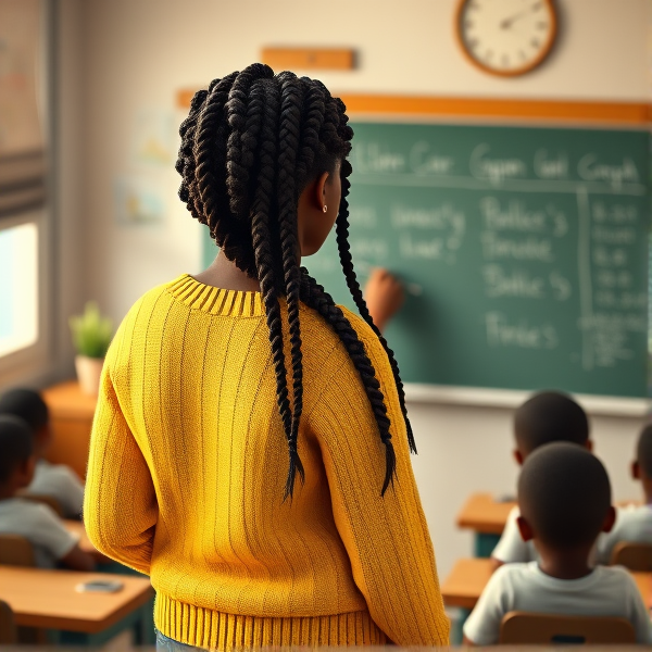 Une enseignante noire âgée de quarante ans coiffée de tresses africaines traditionnelles, portant un pull jaune  se tient le dos tourné en train d'y écrire à la craie blanche au tableau dans une salle de classe avec des élèves noires agés de huit ans.
