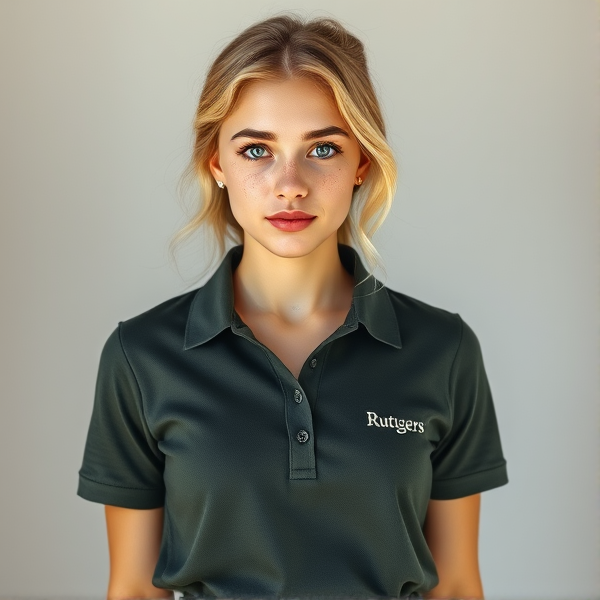 Photorealistic portrait of a youthful 19-year-old woman with light blonde hair naturally styled, bright blue eyes, and a subtle distribution of freckles across her nose. She has a heart-shaped face adorned with thick black lashes, exuding an air of young elegance and simplicity. She is directly facing the viewer, wearing a sophisticated dark green-gray polo shirt with discreet white embroidery that reads "Ruttgers" on the left chest, complemented by a stylish black mini skirt. The overall mood should reflect daytime clarity and freshness without reliance on bright color palettes or make-up enhancement.