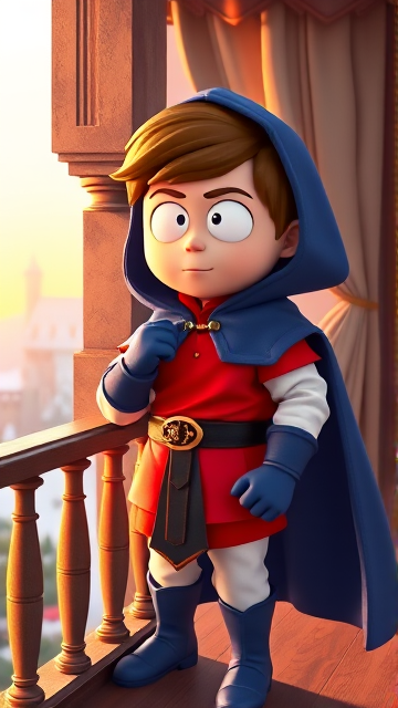 3D CGI: Clyde Donovan from South Park, light skin and brown hair, but as a 14-Year Old, dressed as a medieval prince with a red shirt with white sleeves, a black belt with a gold buckle, white pants, blue boots, blue long-cuffed gloves, and wreathed in a big blue hooded cape, now known as Prince Donovan. Despite still being a kid, he is the Youngest Ruler of South Park, Colorado, but now reborn as the real life Kingdom of Kupa Keep, Zaron, and Prince Donovan is its youngest and greatest hero. The young teenage prince of Kupa Keep is currently standing on his bedroom balcony in his new home of Kupa Keep Castle, looking at the amazing view of his newfound kingdom that was once the small mountain town he knew before.