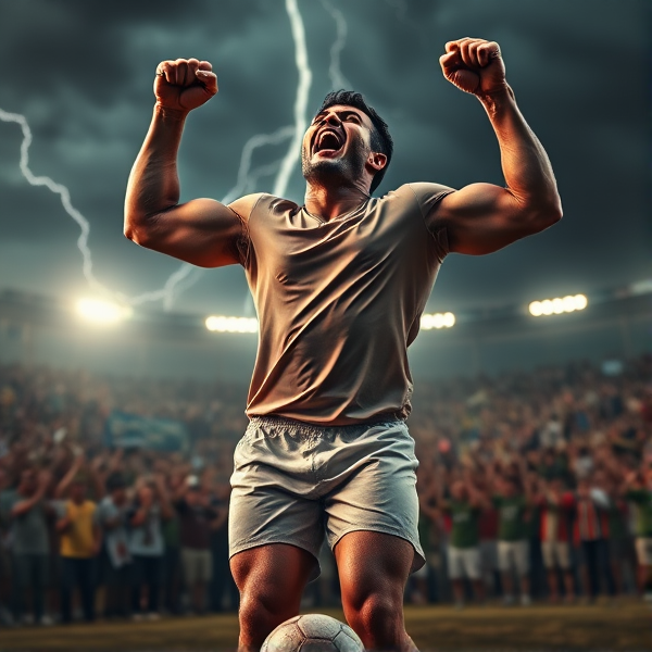 Gagnant triomphant de football, expression intense et furieuse, célébrant un triomphe éclatant, muscles saillants et détaillés, portant un maillot trempé de sueur moulant la silhouette, arrière-plan dynamique avec ciel orageux et éclairs symbolisant une victoire impressionnante, foule en délire visible à l'arrière criant et applaudissant dans les tribunes, ballon boueux au sol près des pieds du vainqueur.Le jeu c'est du soccer ,