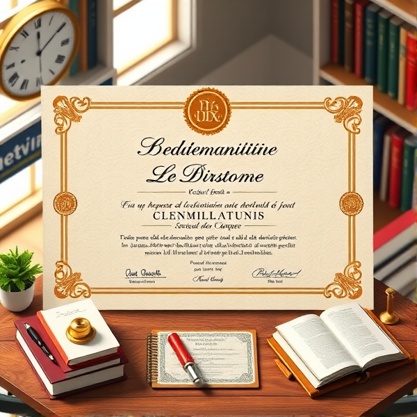 Prompt: Diplôme avec l'inscription en français de médecine avec des bordures dorées sophistiquées, un sceau officiel en relief, une typographie classique et claire sur un fond en parchemin texturé, le tout présenté dans un cadre académique avec des livres et des symboles éducatifs posé sur table dans un cadre