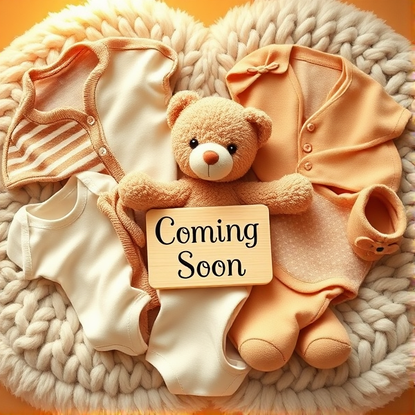 Close-up of a heart-shaped arrangement of various baby garments, such as onesies, bibs, booties, and a teddy bear, on a plush woolen blanket. The palette features soft pastel hues adorned with playful patterns like stripes and polka dots. Each piece is gender neutral colors such as brown and tan. At the heart's center lies a petite wooden placard inscribed with "Coming Soon" in whimsical black script, all set against a warm, softly illuminated backdrop to evoke a sense of comfort and anticipation.