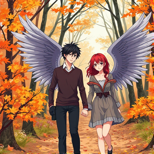 Black haired Caucasian male anime angel wity wings and red haired Caucasian female anime angel with wings wearing glasses, hold hands walking in an Autumn forest