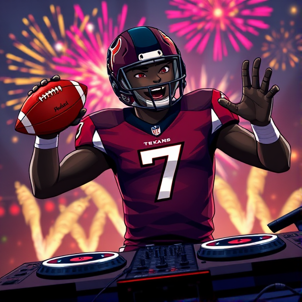 Animated black quarterback wearing number 7 jersey for Houston texans throwing a football and DJing with turntables. Pyrotechnics and lights in background
