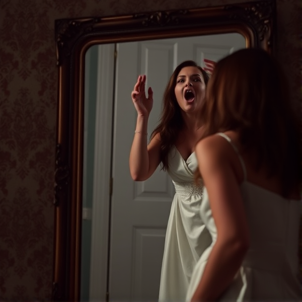 woman screaming dress stockings looking in mirror